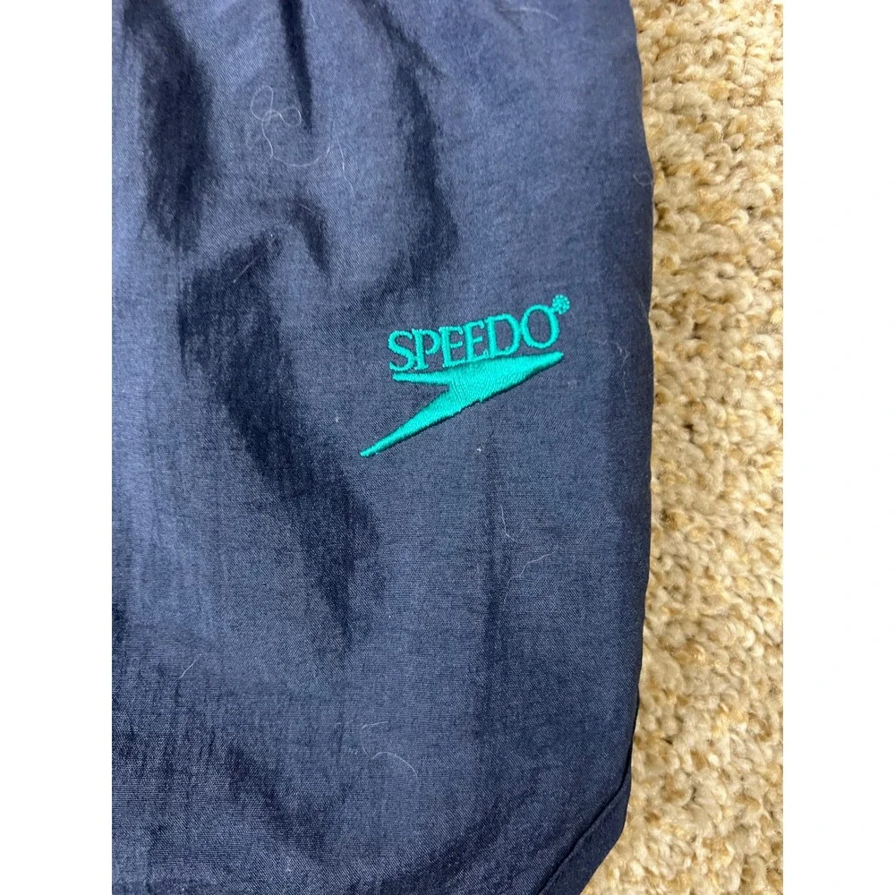 Vintage Speedo Mens Navy Blue Nylon Swim Trunks Shorts Embroidered Logo Small
